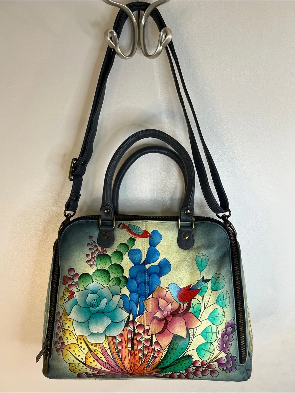 Anuschka Hand Painted Flowers & Bird Theme Leather Satchel & Shoulder Strap
